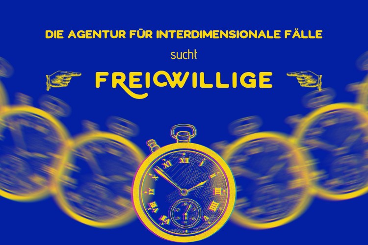 ein verschwommenes uhrenpendel mit der aufschrift: agentur für interdimensionale fälle sucht freiwillige