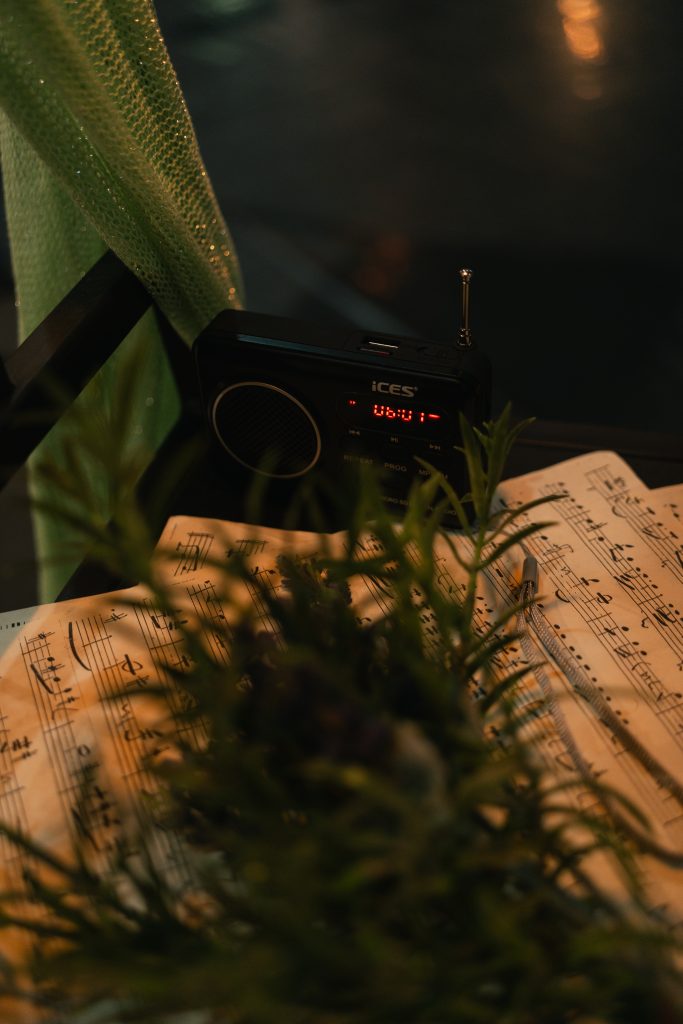 photo of sheet music, next to a small radio, behind a plant