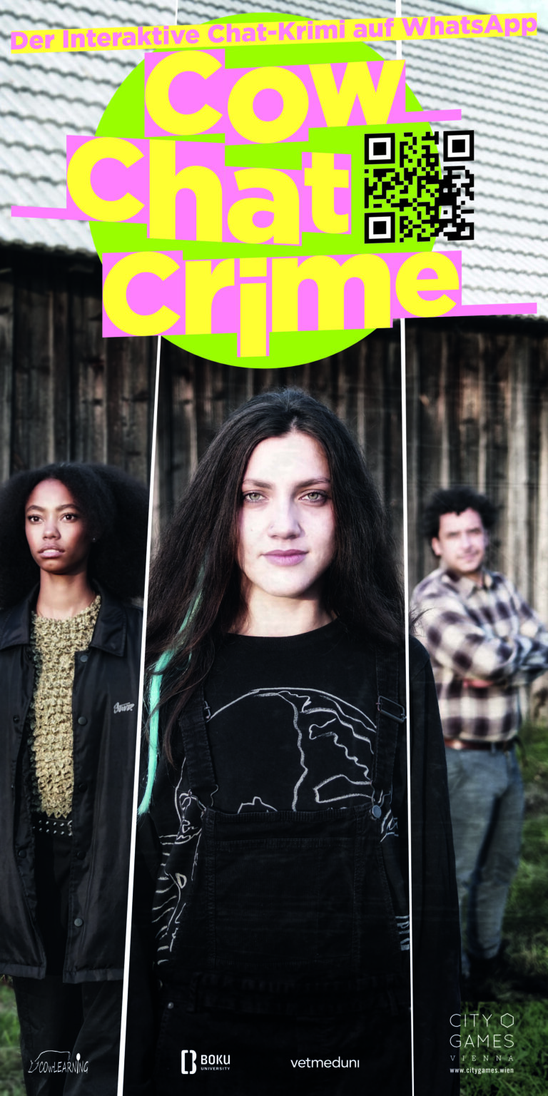 a poster of three people standing in a group. white girl with dark hair and blue streak in the middle, on the left black girl in a green shirt and on the right in the background a man with curly hair. they're standing in front of a barn. the title reads: Cow Chat Crime - der interaktive Chatkrimi auf Whatsapp. There's also a QR code and logos of the publishers